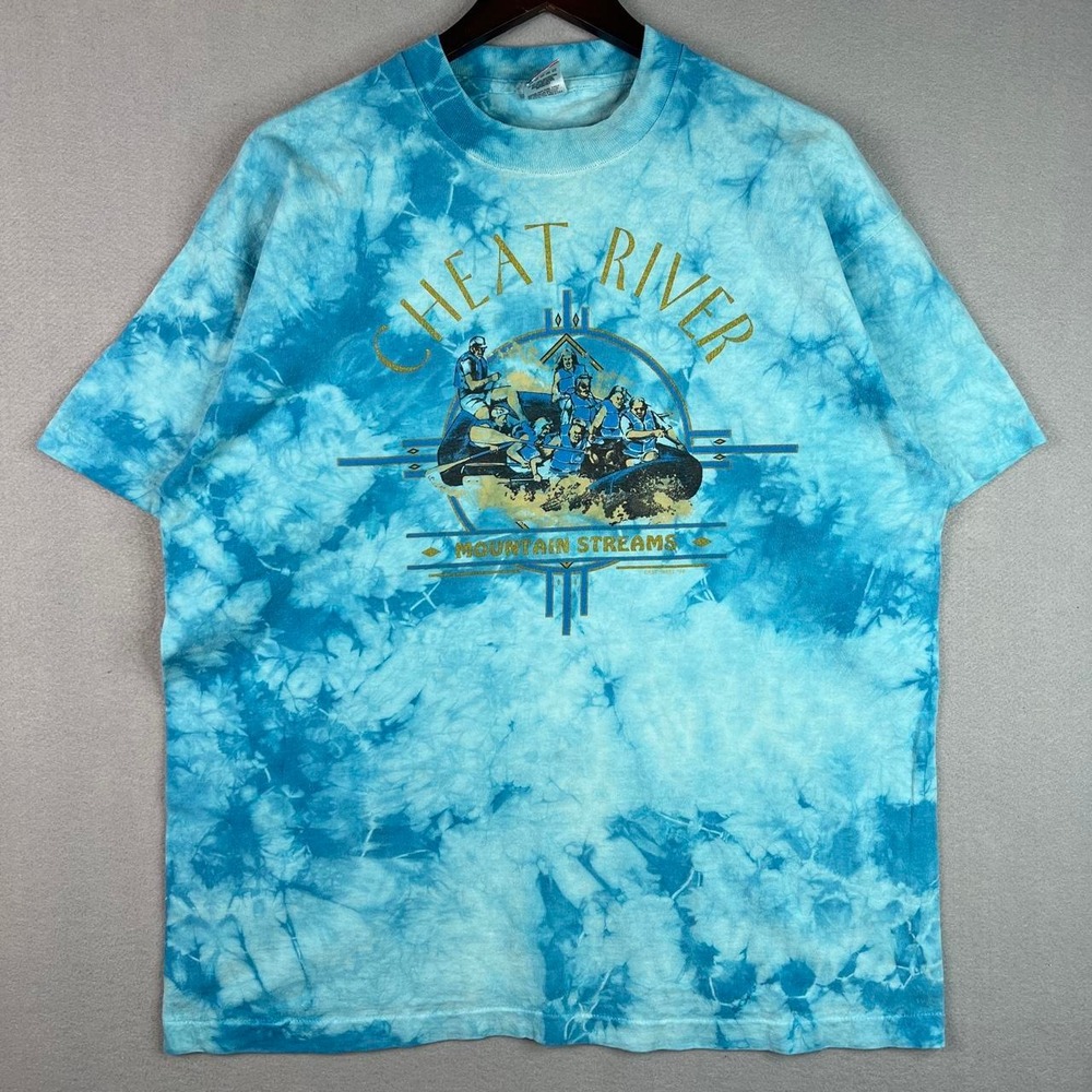 Vintage Cheat River White Water Rafting Blue Tie Dye Tee Shirt XL